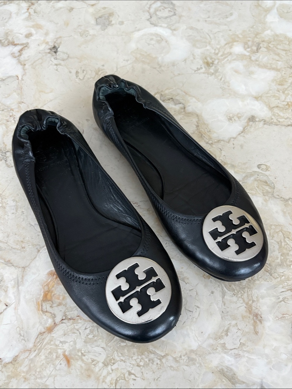 Tory Burch Reva Black Leather Ballet Flats Silver Logo Classic